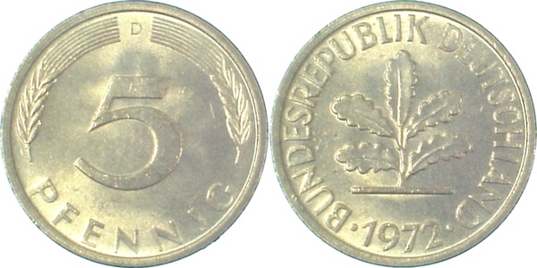 5 Pfennig 1972 D vz/st Ngb-33 2 vz/st 5 Pfennig