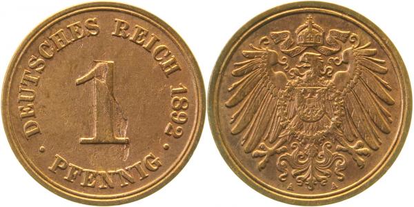 1 Pfennig 1892 A J010 Schrötlingsfehler Wertzeichen