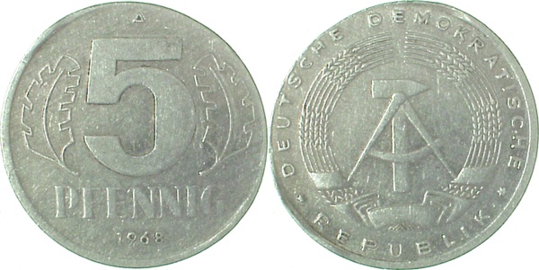 5 Pfennig DDR 68A falsch Schrötl 0,96g, J1509 5 Pfennig