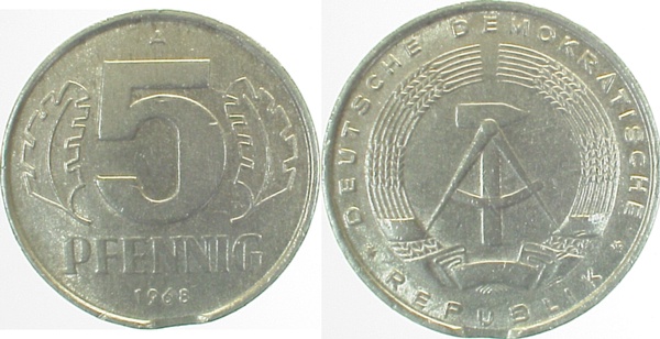 5 Pfennig 1968 A DDR ss Zainende J1509 ss 5 Pfennig