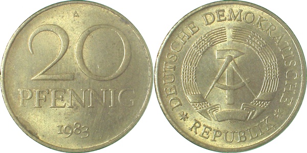 20 Pfennig 83A zu dünn 5 0gr f prfr J1511b f prfr 20 Pfennig