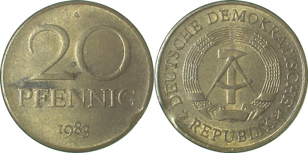 20 Pfennig DDR 1983 A kl Zainende vz J1511b vz 20 Pfennig