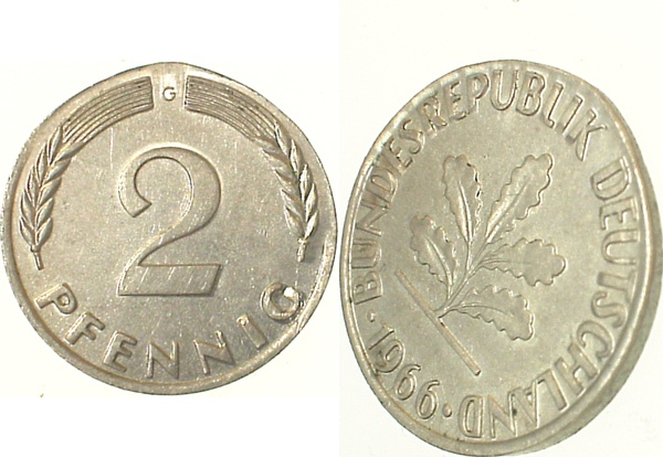 2 Pfennig 1966 G magetisierbar/ Rnd. teilplattiert !!