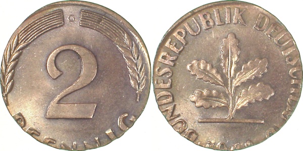 2 Pfennig 1968 G auf 1 Pf-Rohling 2,03g geprägt