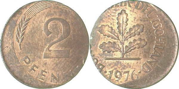 2 Pfennig 1976 J auf 1 Pf- Ronde 1,8g