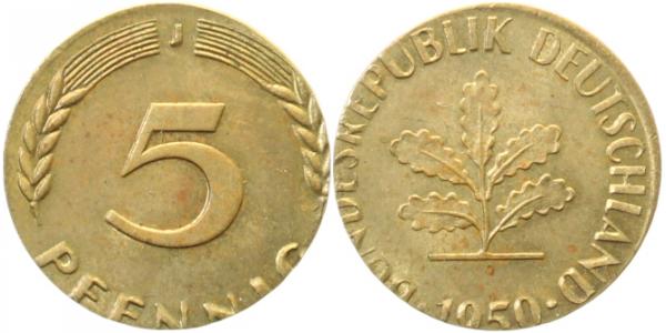 5 Pfennig 1950 J in 1 Pfennig-Größe geprägt