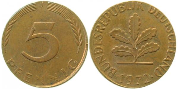 5 Pfennig 1972 J auf 1 Pfennig-Ronde 2 g