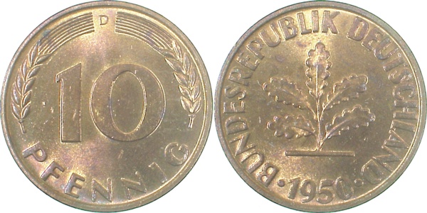 10 Pfennig 1950 D rote Plattierung