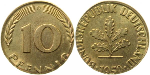 10 Pfennig 1950 D Messing RAR 4,2g J383