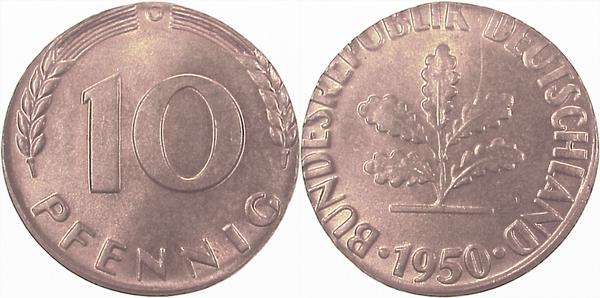 10 Pfennig 1950 G 3.3g. Messing J383 Fehlprägungen