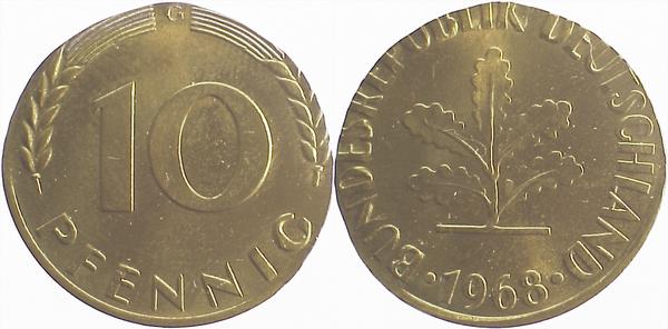 10 Pfennig 1968 G auf 5 Pfennig 3,0g.