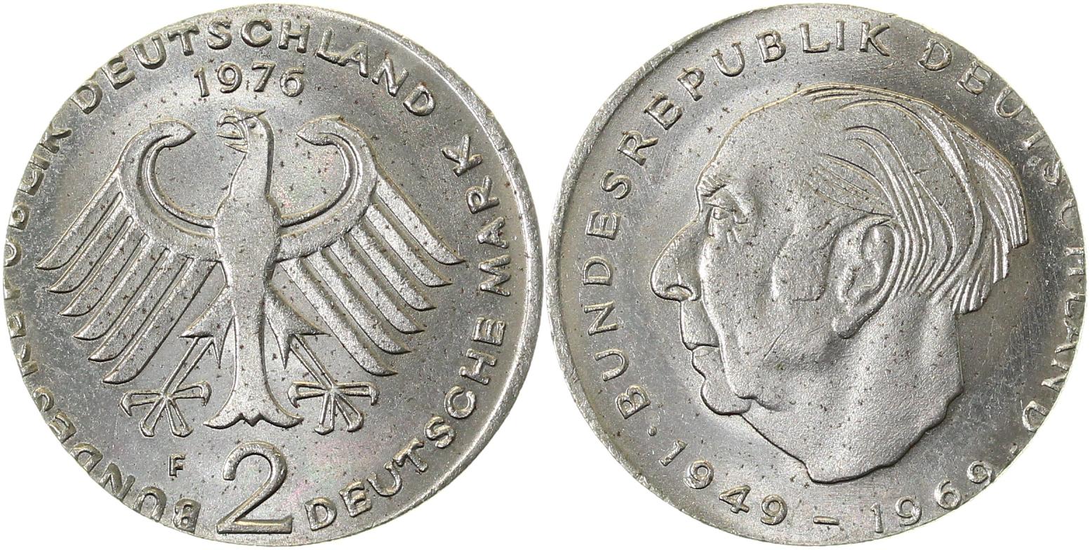 2 Mark Heuss 1976 F auf 1 DM, 5,5 g unmagnetisch