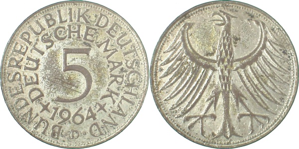 5 DM 1964 D Fälschung f d Zv zu J387 5 DM