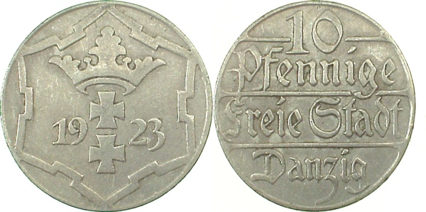 10 Pfennig Danzig 1923 sehr schön J D 05 Wappen