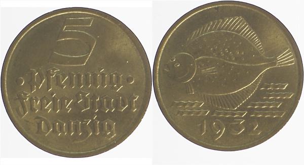 5 Pfennig 1932 Freie Stadt Danzig vz Gdansk Flunder