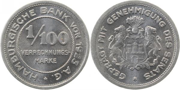 1/100 Hamburg Verrechnungsmarke Notgeld 1923 JN35 prfr