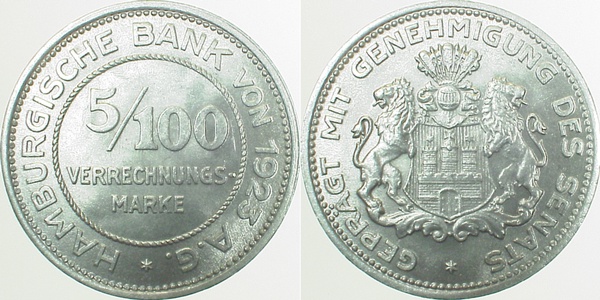 5/100 Hamburg Verrechnungsmarke JN36 Notgeld vz