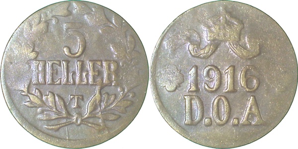 5 Heller 1916 T DOA Stempelriss durch "LER" J723