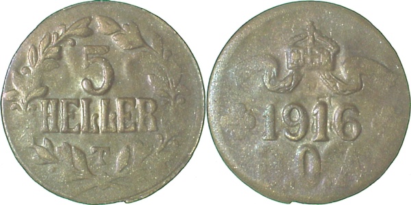5 Heller 1916 T DOA nur "O" in DOA geprägt