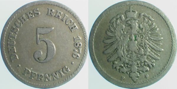 5 Pfennig 1876 F Münzzeichen doppelt J003