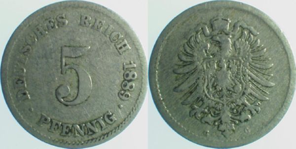 5 Pfennig 1889 G tiefstehende "9" J003