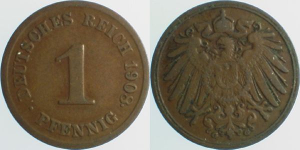 1 Pfennig 1908 G Punkt nach der "8" J010 selten