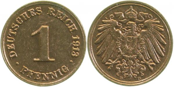 1 Pfennig 1913 D doppeltes Wertzeichen ss/vz J010 ss / vz 1 Pfennig