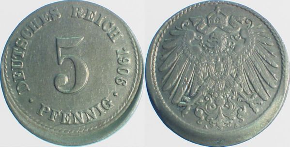 5 Pfennig 1906 A J012 dezentriert 10%