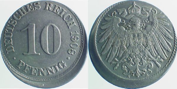 10 Pfennig 1908 A D10 dezentriert 10% J013