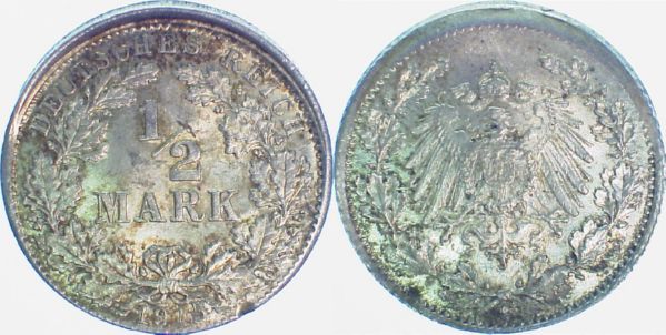1/2 Reichsmark 1915 G dezentriert 5% J016