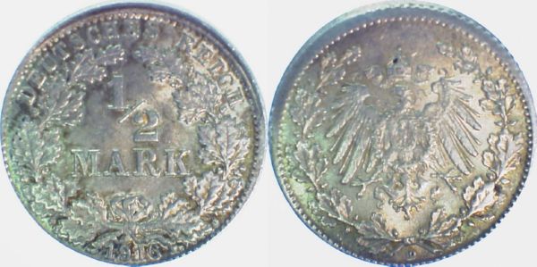 1/2 Reichsmark 1916 D D5 ohne Riffelrand