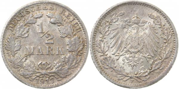 1/2 Reichsmark 1917 F sehr starkerStempelriss