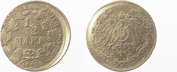 1/2 Reichsmark 1917 F dezentriert 10 % J016