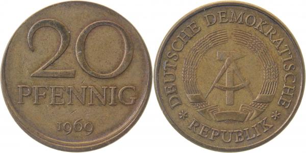 20 Pfennig 1969 DDR, mit total verrissenen Stempel geprägt