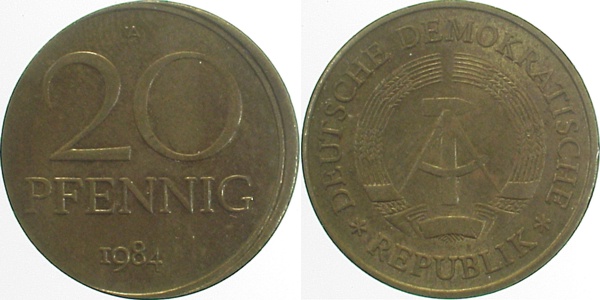 20 Pfennig DDR 1984 A Ws: D5 vz !! J1511b vz 20 Pfennig