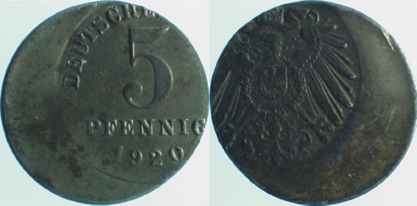 5 Pfennig 1920 E dezentriert 35% J297