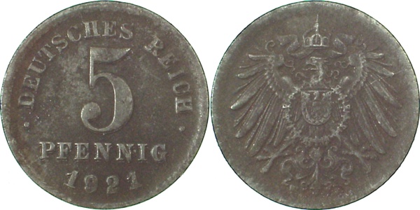 5 Pfennig 1921 F WS & Umschrift doppelt