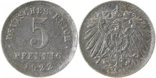 5 Pfennig 1922 E dezentriert, 4 x Stempelriss