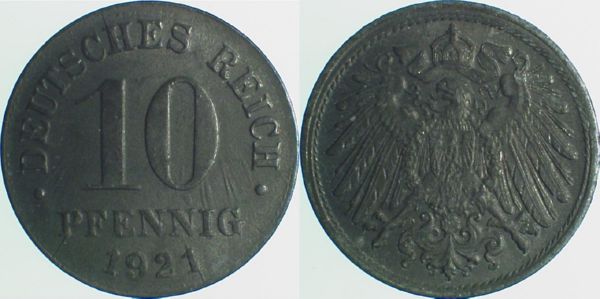 10 Pfennig 1921 ohne Münzzeichen vz Lichtenrader Prägung J299 vz 10 Pfennig