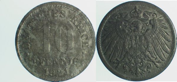 10 Pfennig 21 ohne Münzzeichen /Jz Punkt dazwis J299 10 Pfennig