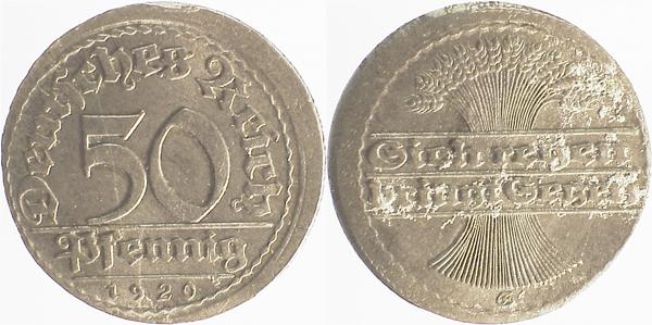 50 Pfennig 1920 E dezentriert 10% J301
