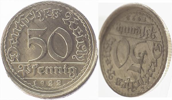 50 Pfennig 1922 E ca. 2/3 gerändert, dezentriert