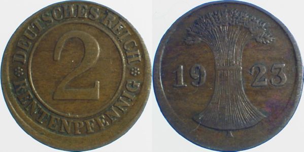 2 Pfennig 1923 A dezentriert ca 10% J307