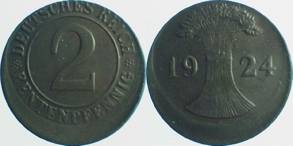 2 Pfennig 1924 E J307 dezentriert geprägt