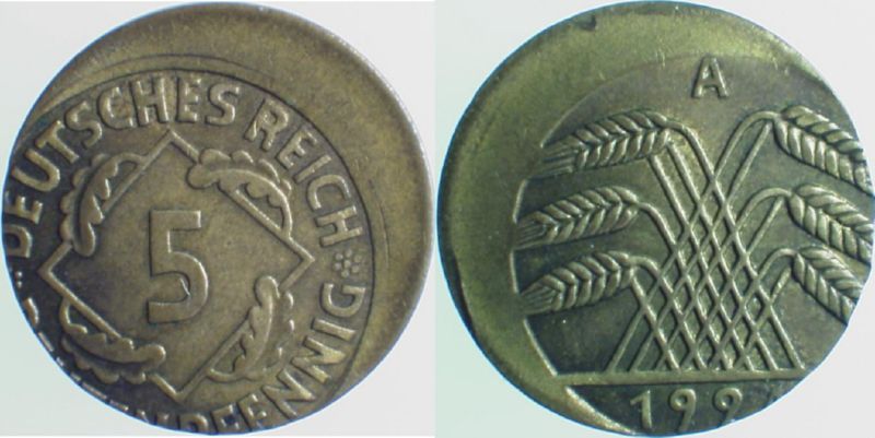 5 Pfennig 1924 A dezentriert geprägt J308