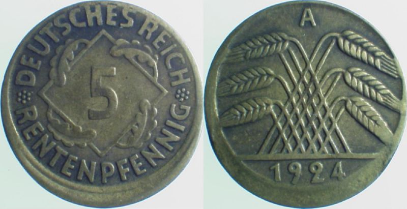 5 Pfennig 1924 A dezentriert geprägt 10% J308