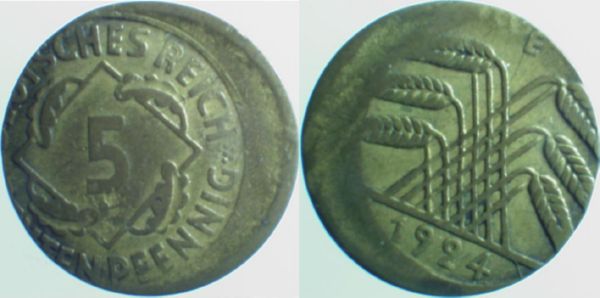 5 Pfennig 1924 E dezentriert 15%+ Stempeldrehung