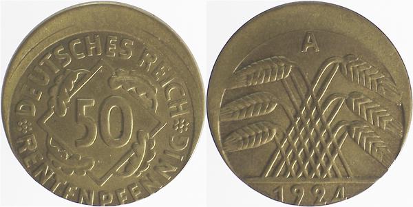 50 Rentenpfennig 1924 A dezentriert 15%