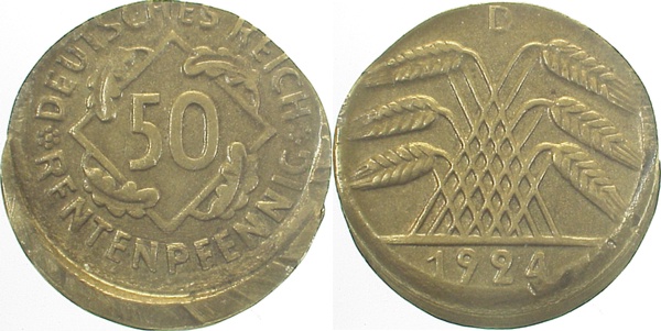 50 Rentenpfennig 1924 D dezentriert 15%