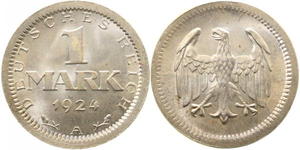 1 Mark 1924 A außerhalb des Ringes geprägt J311 Rand glatt